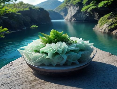 紫竹铃植株的近景特写，展示钟形紫红色花朵与翠绿椭圆叶片的细节，阳光透过叶片形成柔和光晕